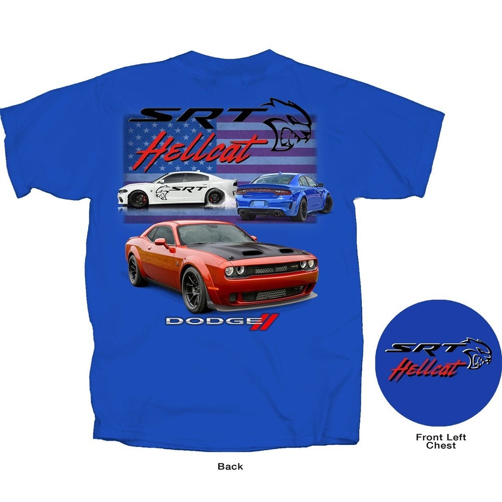 Joe Blow T’s Dodge SRT Hellcat Men’s Blue T-Shirt Challenger Charger Flag