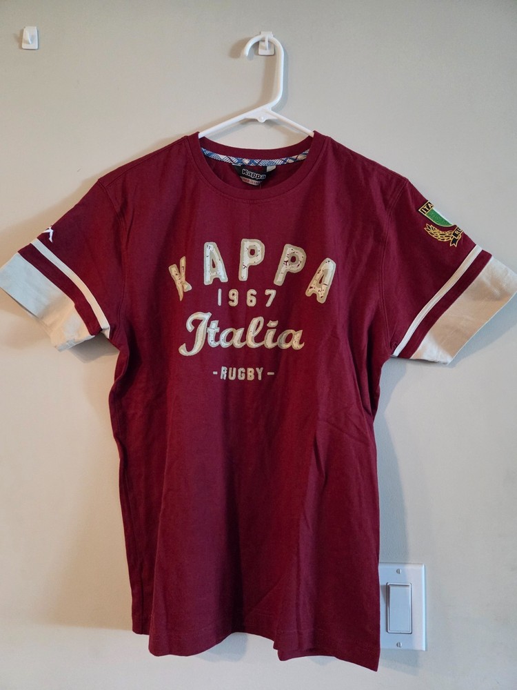 Men’s M Red KAPPA Italia 1967 Rugby T-Shirt w/ Embroidery and Striped Sleeves