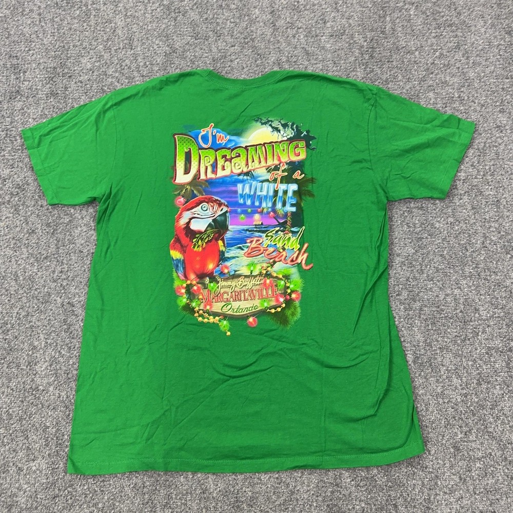 Margaritaville Shirt Mens XL Green Christmas Parrot White Sand Beach Tee Tagless