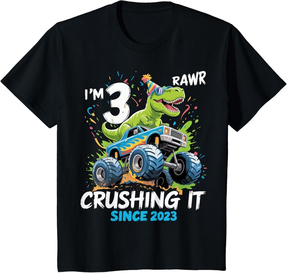 Kids 3rd Birthday Monster Truck Dinosaur 3 Year Old boy Born 2023 T-Shirt