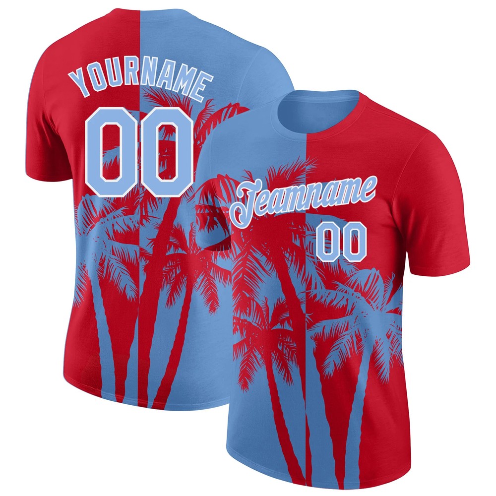 Custom Red Light Blue White Hawaii Palm Tree T-Shirt Tropical Summer Gift Tee