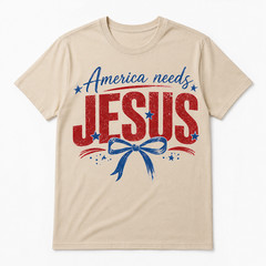 America Needs Jesus Shirt Patriotic Christian Faith Bow Tee Cream Women