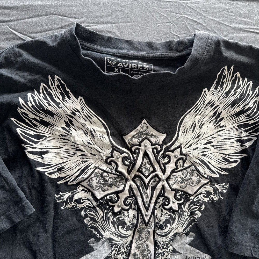 Vintage Avirex Shirt, Men’s XL ,Cross W/ Wings, Heavy Weight, Tee Y2K, Black