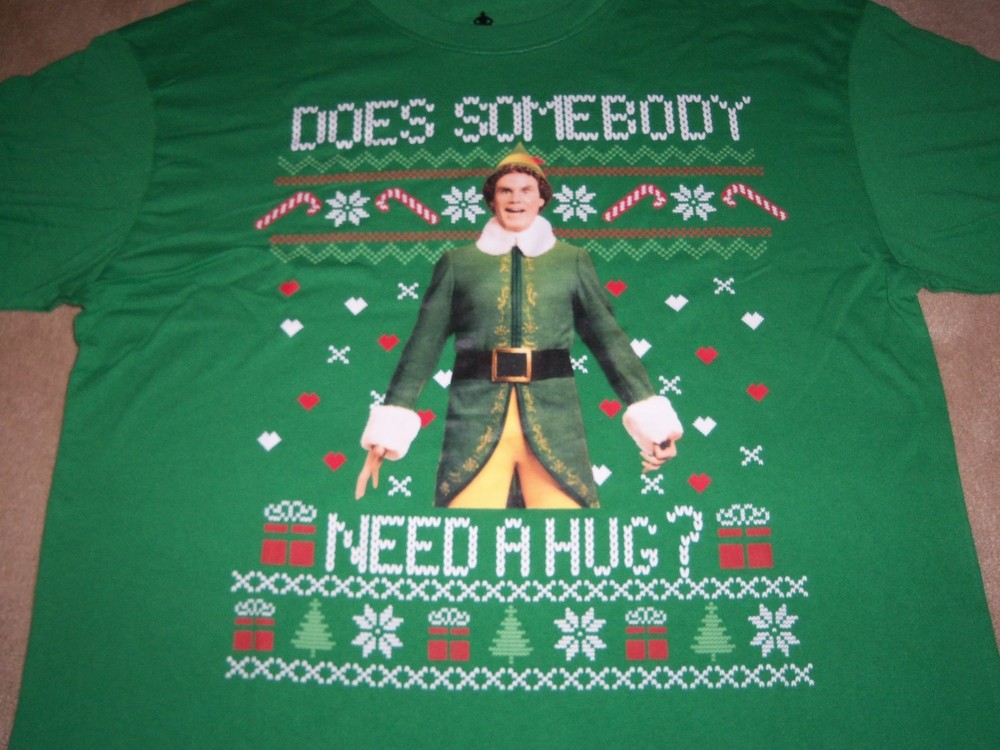 NEW, ELF CHRISTMAS Graphic T shirt, SIZE LARGE, DOES SOMEONE NEED A HUG