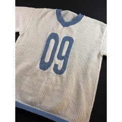 Vintage Style Mesh Knit 09 Jersey Top White Blue Short Sleeve XL Streetwear