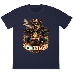 Wild & Free Wolf Biker Motorcycle Chopper Flames Funny Animal Graphic T-Shirt.