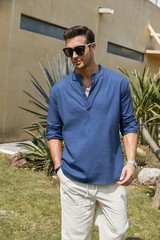 Men’s Cotton Hemp Long Sleeve Casual Beach Henley Shirt(DENIMN BLUE,L)
