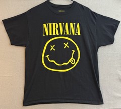 Nirvana Smiley Face T-Shirt Adult Large Black Yellow Grunge Band Tee