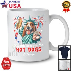 Custom Name Just Here For Hot Dogs; Proud Basset Hound Liberty Patriotic T-Shirt