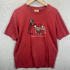 Life is Crap T-Shirt Mens Large Red Graphic Funny Stick Figure EUC