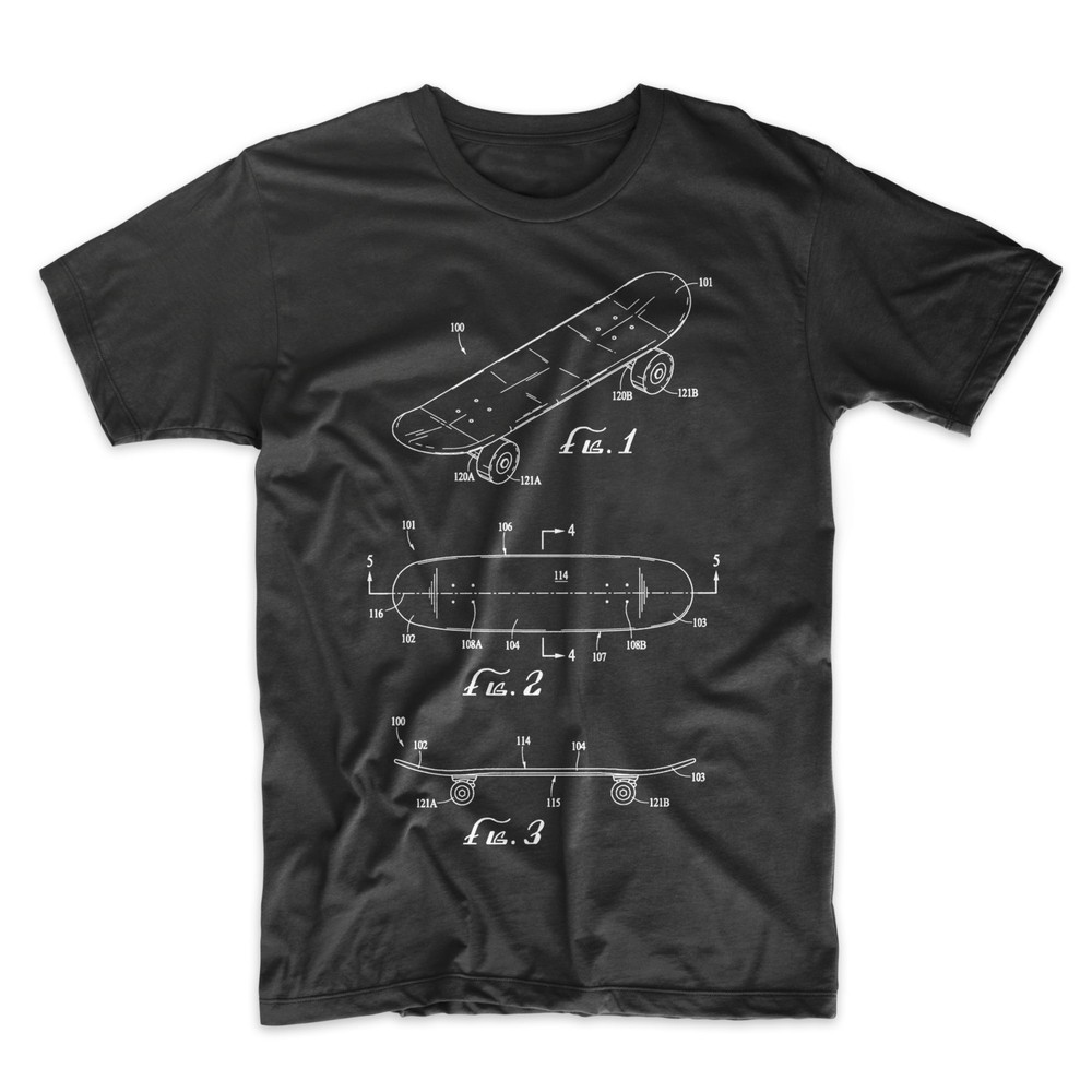 Skateboard Patent T-Shirt. Skateboarding Cotton Shirt. Black White or Gray NEW