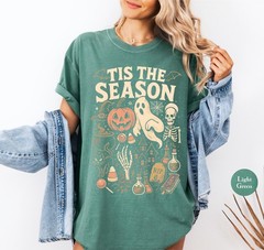 Vintage Halloween Skeleton Pumpkin Shirt Tis The Season Retro Unisex Fall Tee