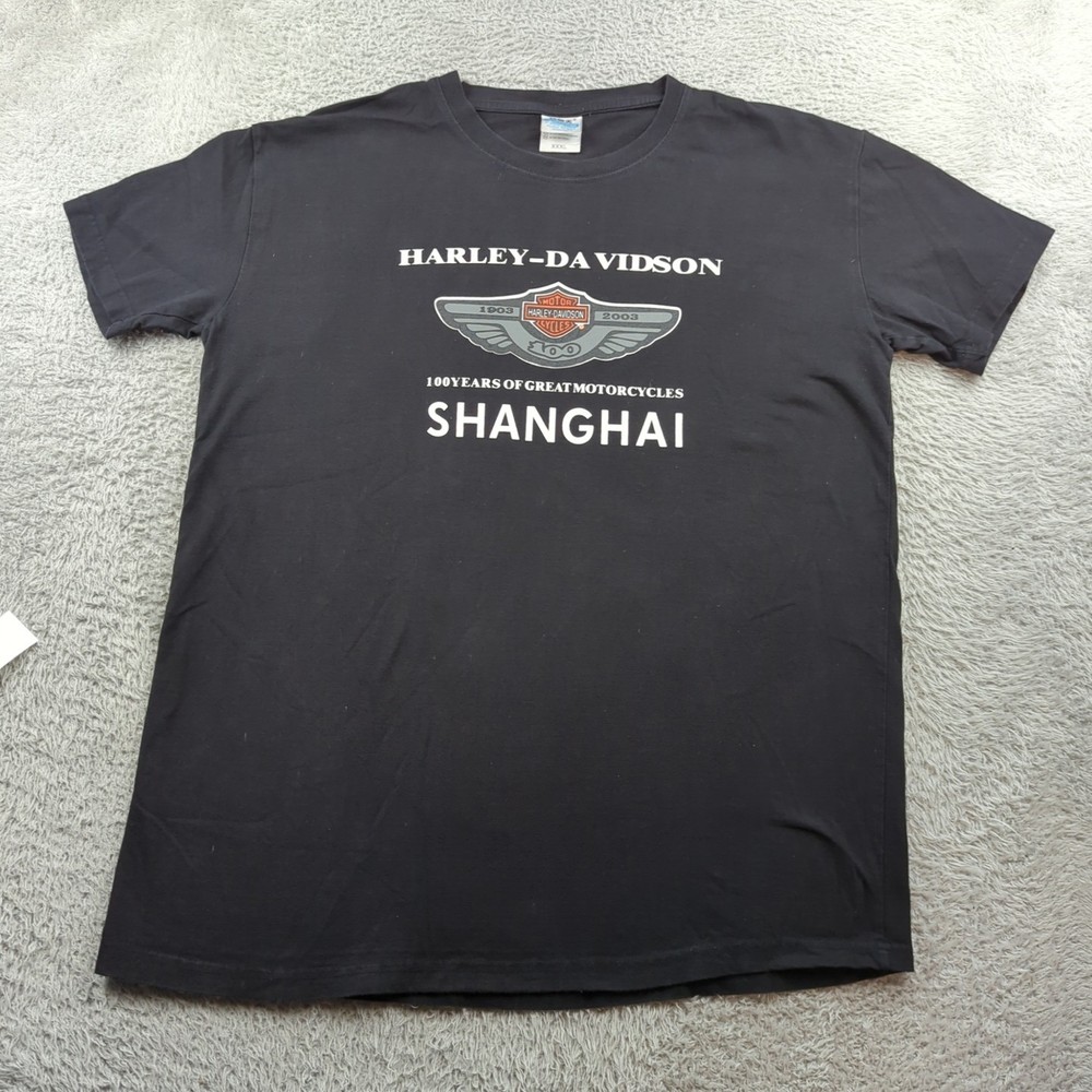 Vintage Harley Davidson T Shirt Men 3XL Asia US XL Black Shanghai 100 Years