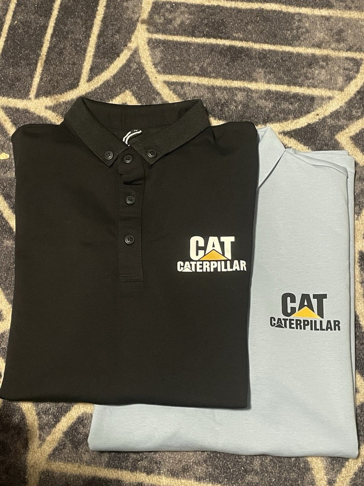 Caterpillar Men’s Size Large Black Light Blue Polo Shirt Collared Button Up