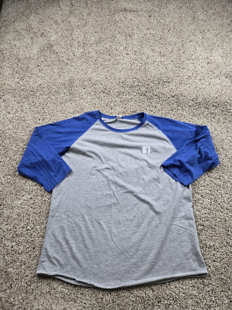 Facebook Shirt Mens XL Gray Blue Raglan 3/4 Sleeve Baseball Tee Logo LAT