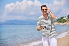 Men’s Cotton Hemp Long Sleeve Casual Beach Henley Shirt(Black White Striped,M)