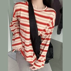 Korean Fashion Women’s Loose Striped Blouse Long Sleeve Crew Neck Streetwear