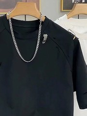 Trendy Men’s Streetwear Distressed Cotton T-Shirt Rhinestone Pin Casual Top