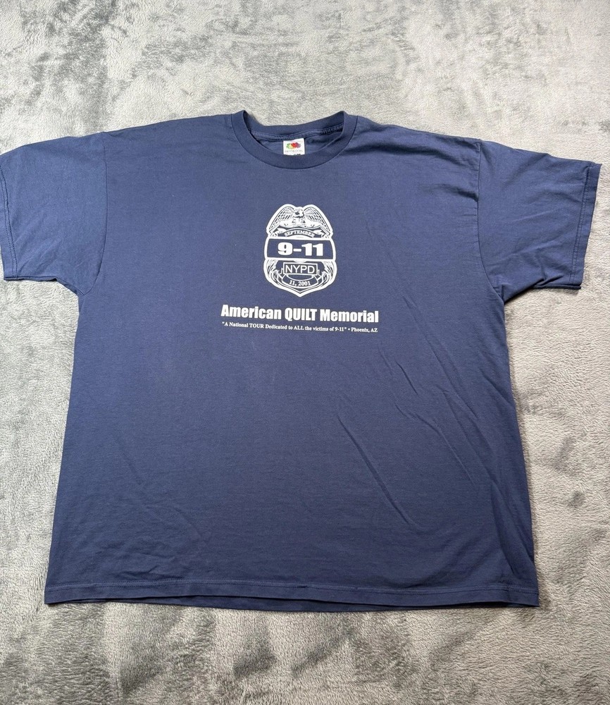 Vintage NYPD 9-11 Shirt Mens 2XL Memorial Navy Blue Double Sided Graphic 00s