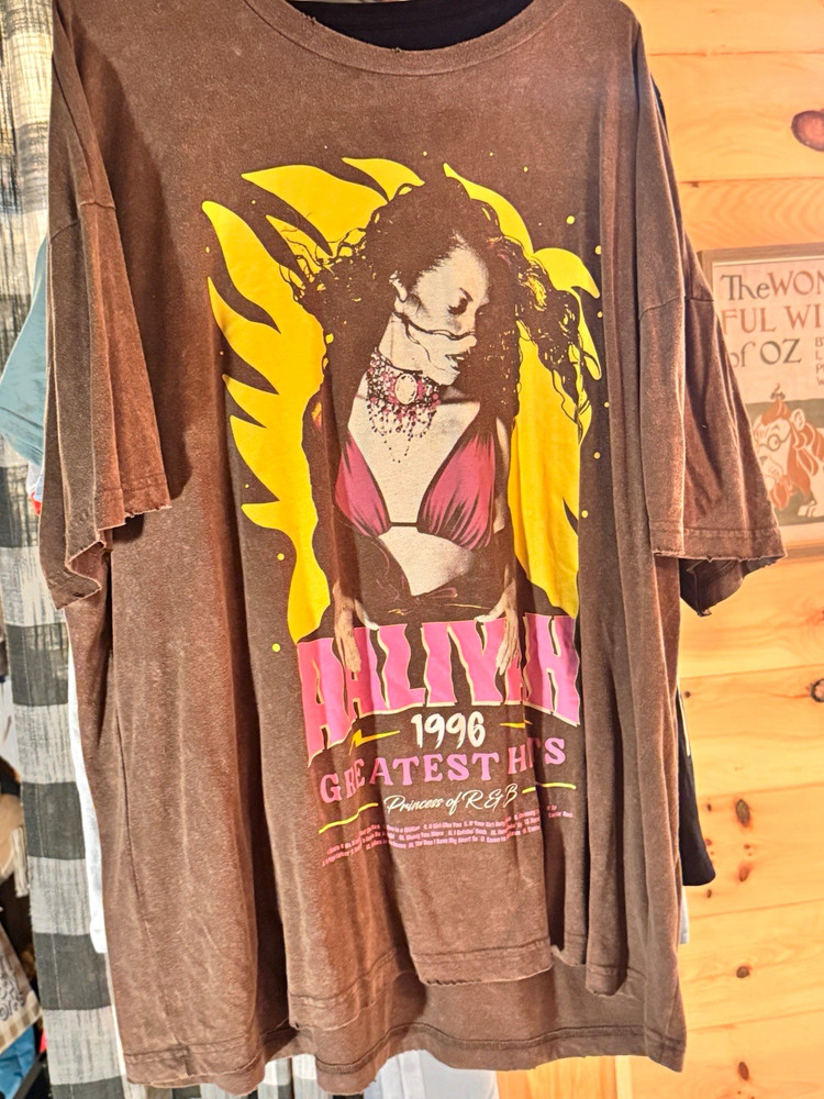 Aaliyah 1996 Greatest Hits Men’s 2XL Brown Graphic Print Double-Sided Crew Tee