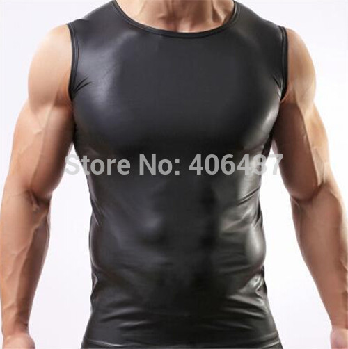 Mens Sexy Leather Look Tight Fitting Muscle Top – S M L XL – Brand New
