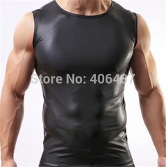 Mens Sexy Leather Look Tight Fitting Muscle Top – S M L XL – Brand New