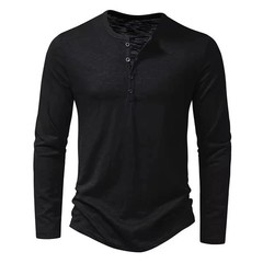Men’s Shirt Cotton Henley Neck T-Shirts Long Sleeve Casual Button Plain 25% OFF