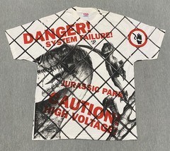 Vintage Jurassic Park Shirt XL Velociraptor AOP Cage Danger 1993 Movie Promo 90s