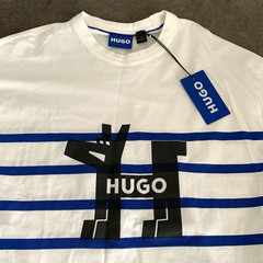 Hugo Boss T-Shirt Men’s Small Nola Stripe Crewneck Dog Graphic Print White/Blue