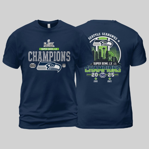 Seattle Seahawks Super Bowl LX 2026 2-Sided Champions T-Shirt S-5XL