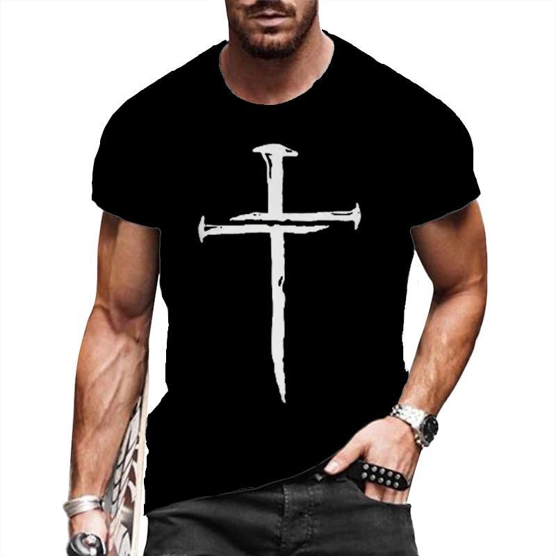 T Shirt Men’s Nail Cross Black Short Sleeve T-Shirt Silky Graphic Fashion Casual