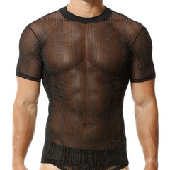 Men’s Glitter Sheer Mesh T-shirts Short Sleeve Ultra-thin Daily Undershirts Tops