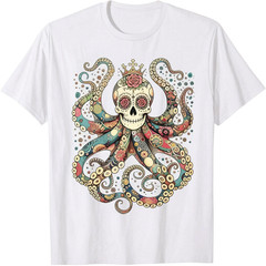Mexican Sugar Skull Octopus T-Shirt Gothic Rose Crown Crossbones Graphic Unisex