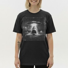 Funny Shark Abduction T-Shirt UFO Alien Vintage Art Sci-Fi Graphic Tee S-5XL