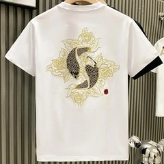 Men’s Luxury Koi Fish Embroidered Cotton T-Shirt Casual Short Sleeve Slim Fit Te