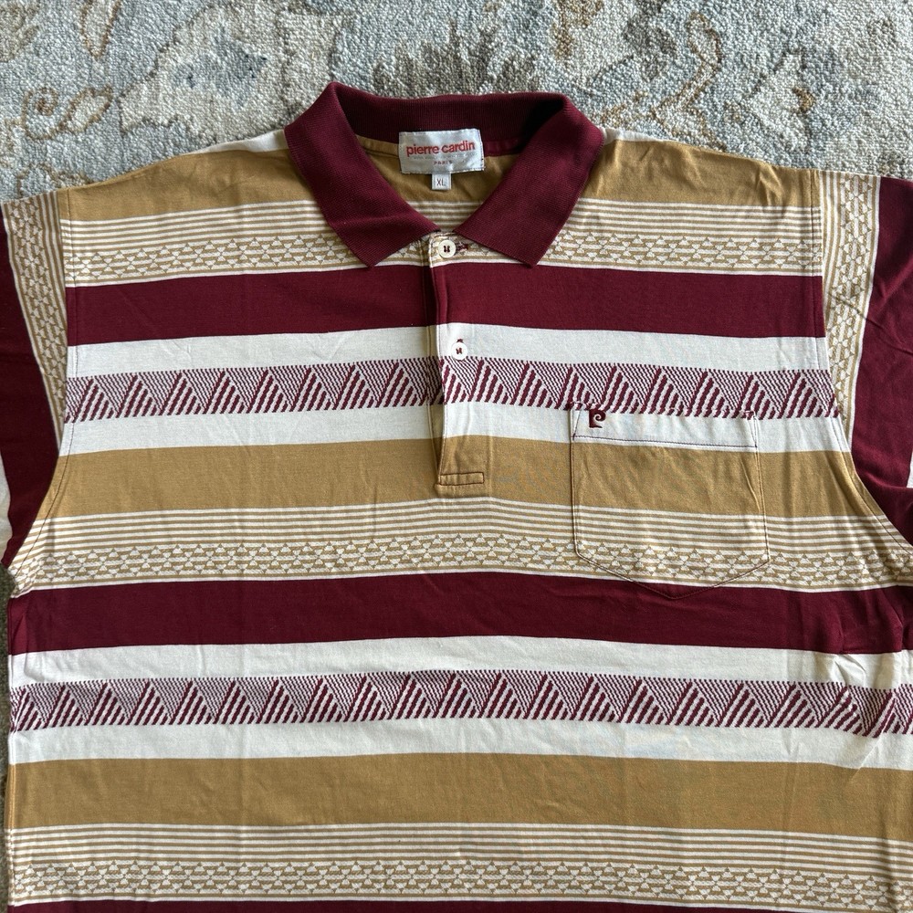 Vintage Pierre Cardin Paris Striped Polo Shirt XL Red Gold Geometric 80s Cotton