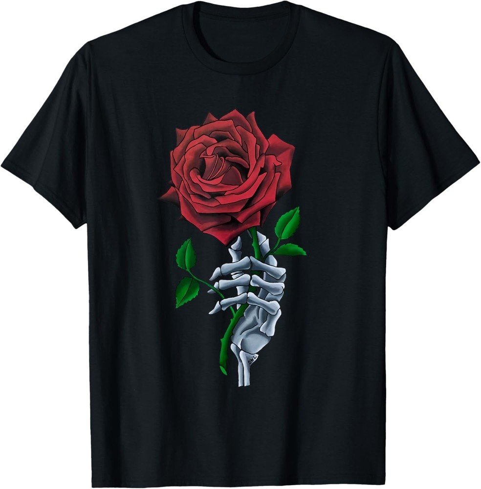 Skeleton Hand Holding Stem Flower Graphic Design Red Rose T-Shirt
