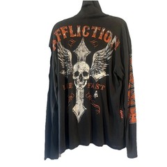 Affliction Live Fast Hooded Henley Shirt XL Skull Cross Wings Biker Goth Y2K