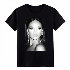 Rihanna Black and White Portrait Graphic T-Shirt,Music Fan Streetwear Cotton Tee