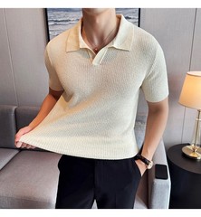 Summer New Men’s Short Sleeve Knit Shirt V-Neck Collar Slimming Casual Shirt Top