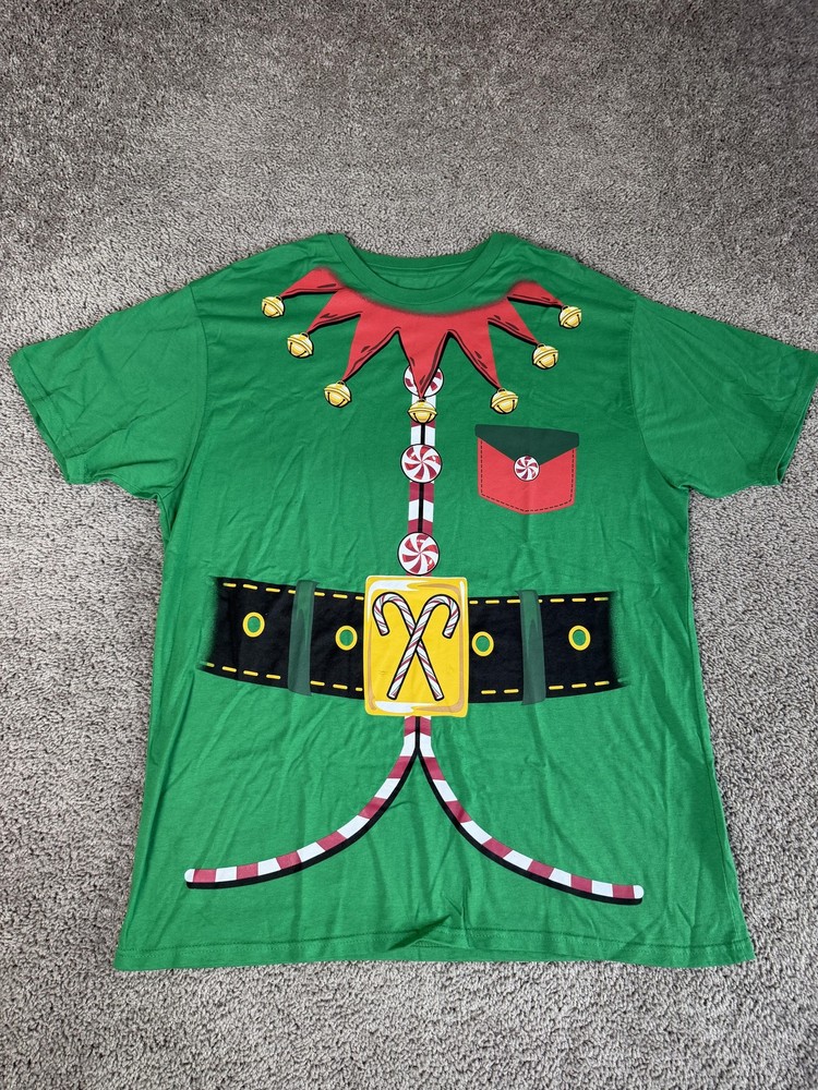Holiday Time Shirt Mens XL Green Elf Costume Candy Cane Christmas Graphic Tee