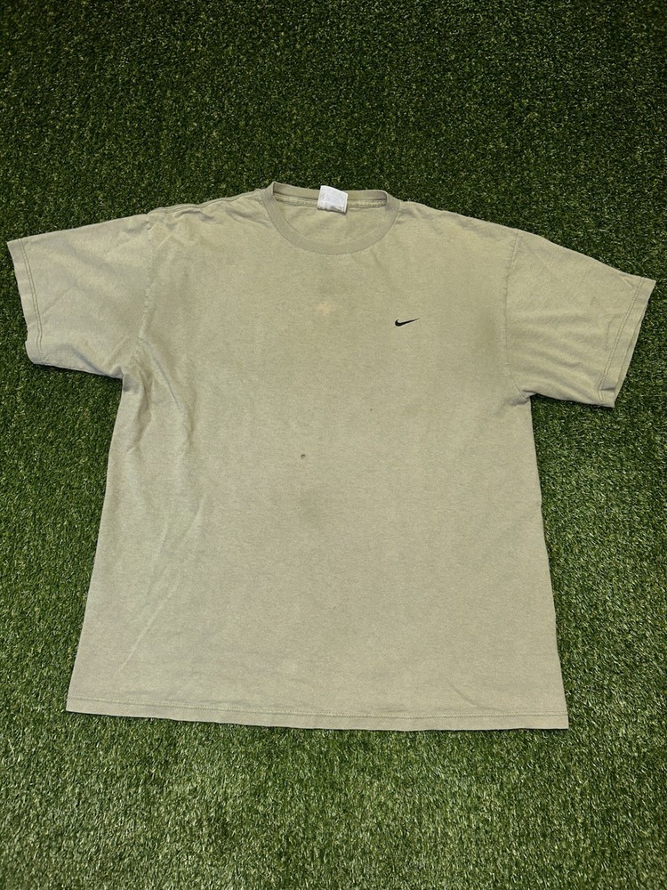 Vintage 90s Thrashed And Faded Army Green Nike Embroidered Swoosh T Shirt Size-L