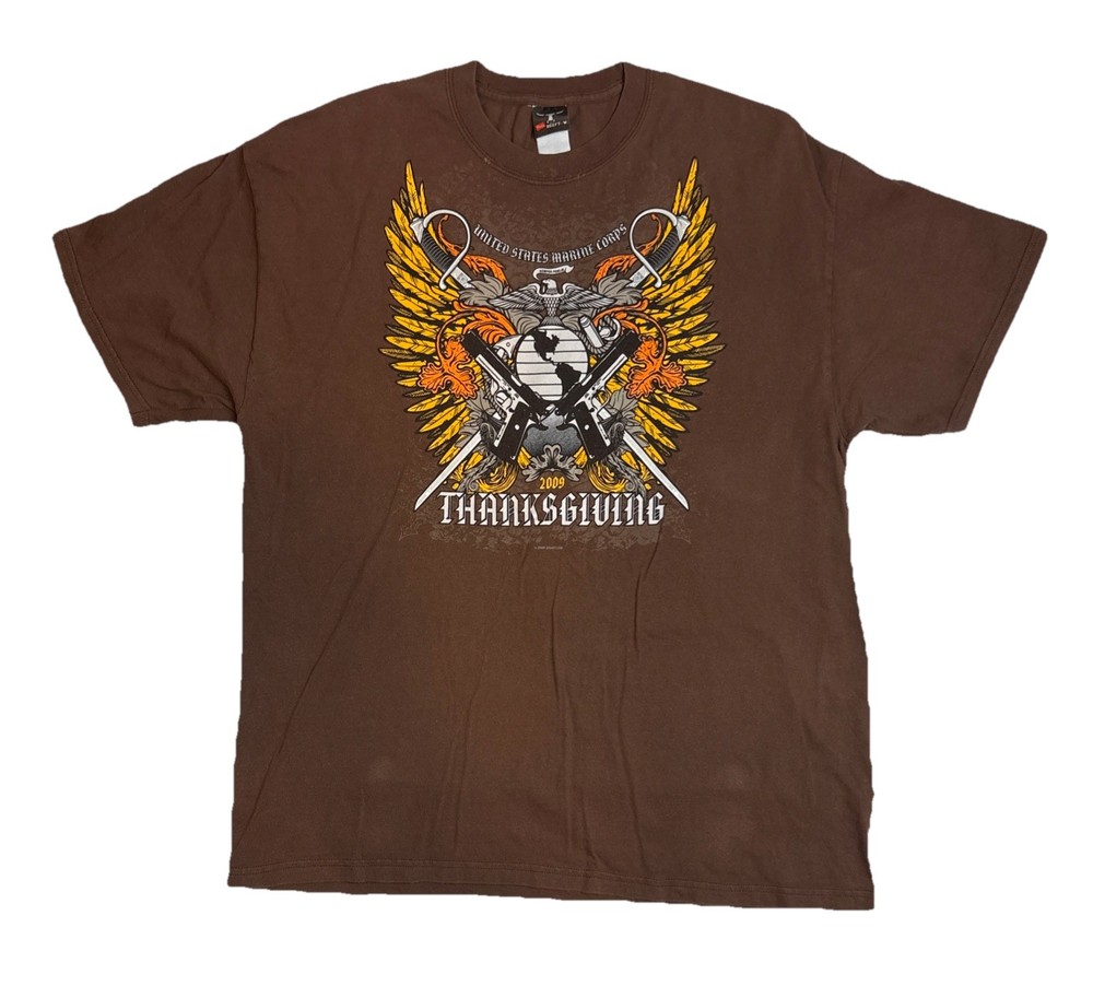 Hanes Beefy Tee USMC Semper Fidelis Thanksgiving 2009 Graphic Brown Mens XL