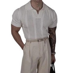 Men Hollow Lapel T Shirt Knitted Texture Fabric Korean Style for Daily Outings