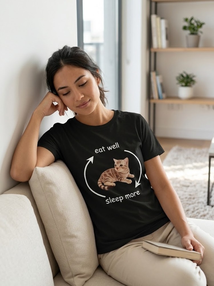 Spring And Summer Casual Print T-Shirt, Black Dot Cat Expression Pattern Print