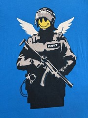 Banksy Art Police T-shirt Sz L Blue “Without Limits” Street Art Smiley Face
