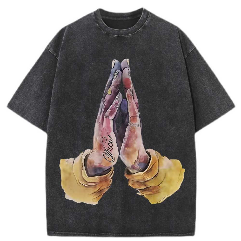 100% Cotton Oversized T-Shirt Tattoo Praying Hands Vintage Streetwear Unisex Tee