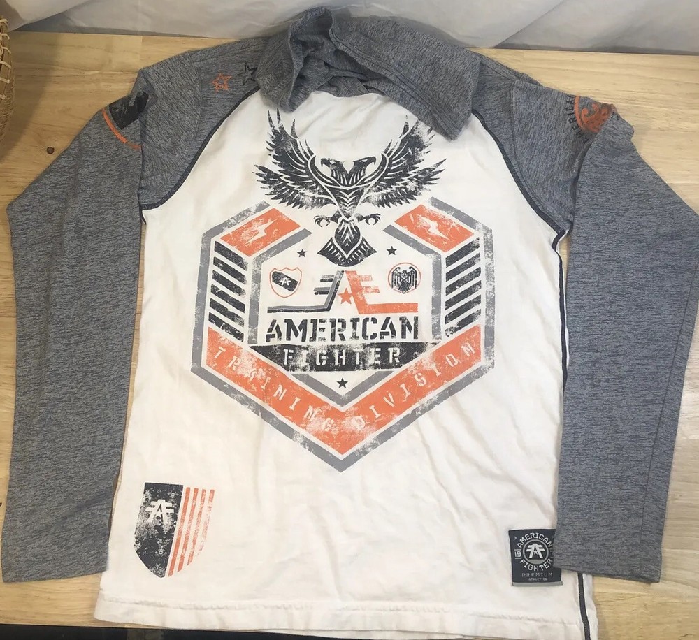American Fighter Long Sleeve Top Small Pullover w/ Hood White Orange Gray