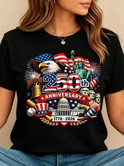 Women’s Crew Neck Summer Tee USA 250th Anniversary Patriotic Print Top