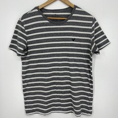 American Eagle Mens Striped T-Shirt Grey White Eagle Logo Short Sleeve Size M